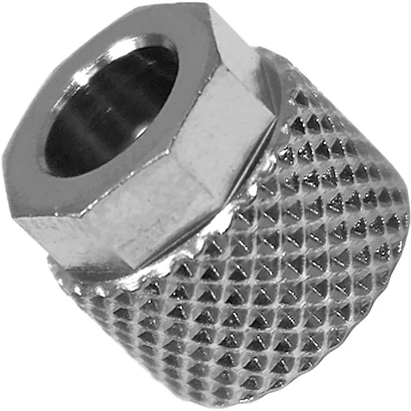 A close-up view of the Ascaso I..485 Steel Fixation Nut from Pump to Hose, featuring a textured grip and hexagonal top for easy, tool-free tightening or loosening on threaded connections. © 2025 1st-line.com