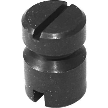 A compact black cylindrical screw with a slotted head and notched end, designed for secure spring retention in assemblies like the Macap C0004CPS041 Spring Retention. © 2025 1st-line.com