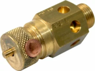 A DISCONTINUED VBM UNK64479561 Boiler Safety Valve 3/8 with a knurled adjustment knob, threaded 3/8 ends, and multiple ports is shown at an angle on a plain white background. © 2025 1st-line.com