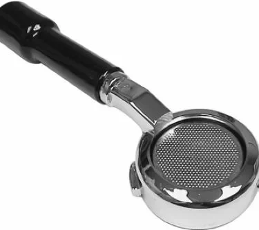 A Gaggia Bottomless / Naked Portafilter - 58mm with a black handle, designed for Gaggia machines, shown from above on a plain white background. © 2025 1st-line.com