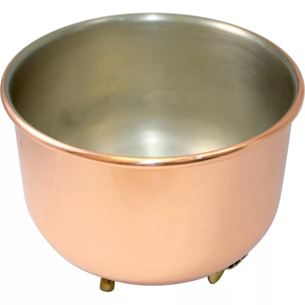 A large, round mixing bowl with a shiny copper exterior reminiscent of the DISCONTINUED Elektra 00601019 Copper Water Tank / Reservoir and a silver interior, photographed on a white background. © 2025 1st-line.com