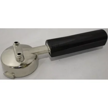 A metal can opener with a round, silver cutting head and black plastic handle rests on a white surface next to a Gaggia 2 Cup FILTERHOLDER. © 2025 1st-line.com