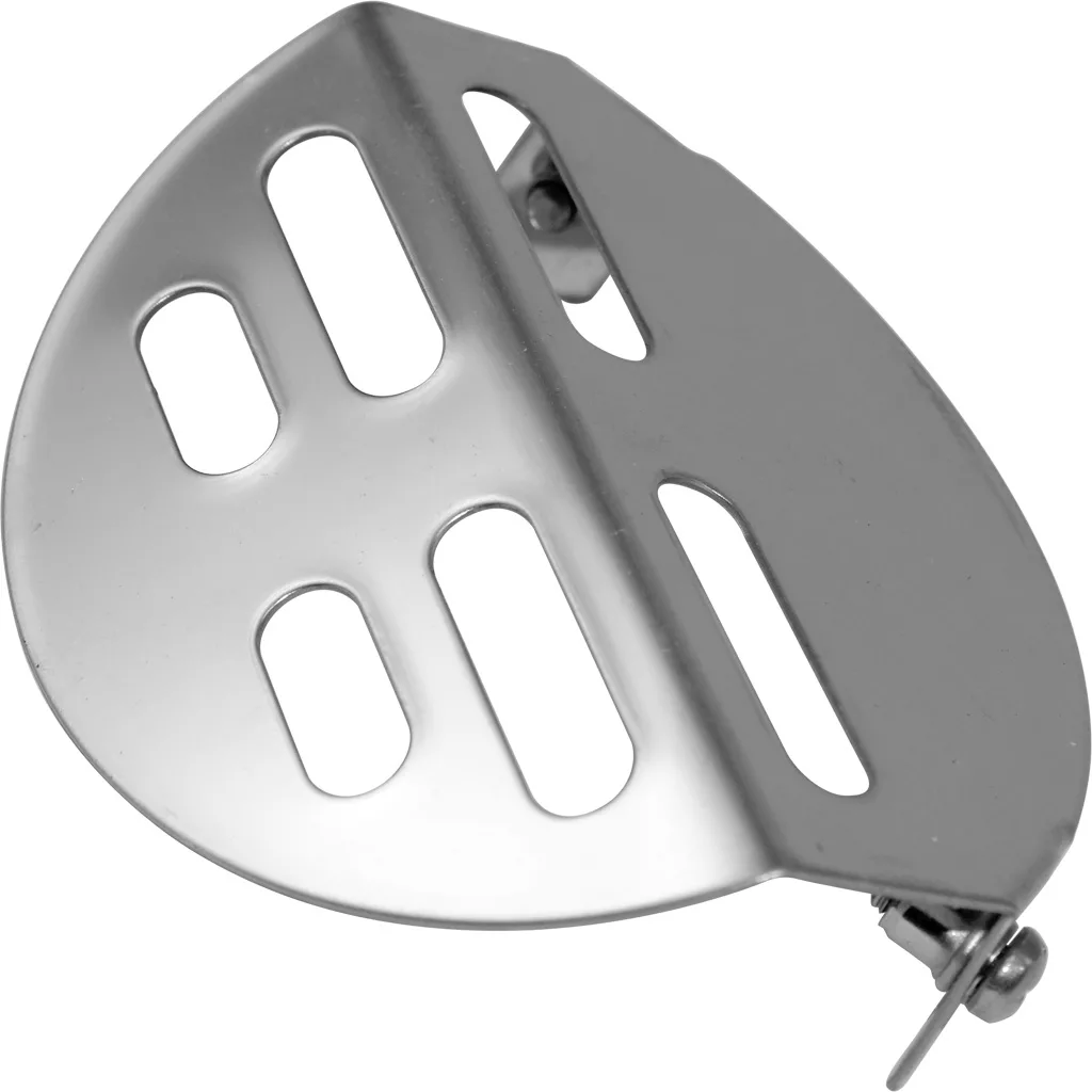 A metal tailpiece for guitars or banjos, featuring multiple elongated slots and a hinged end, crafted with precision akin to the Mazzer SMI0PRB01/QQQ Doser Finger Guard. © 2025 1st-line.com