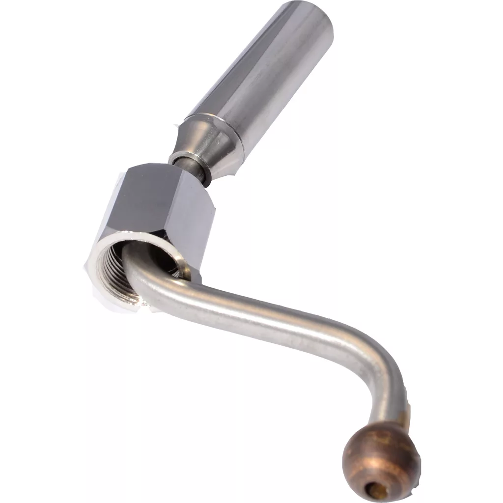 A metal torch attachment with a cylindrical handle, hexagonal connector, and curved pipe ending in a small rounded nozzle—perfect for use with the Bezzera BE.372 Cappuccino Master. © 2025 1st-line.com