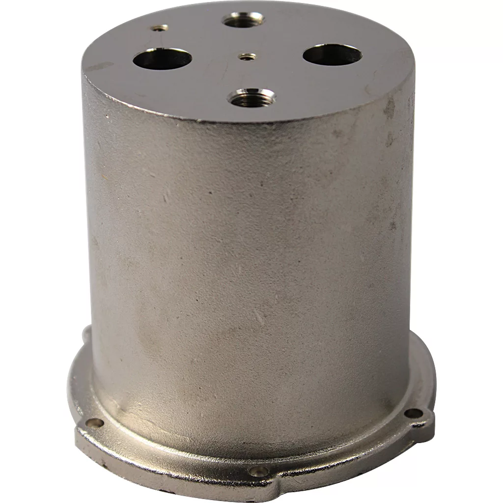 A professional cylindrical metal component, the Ascaso I.1214 Nickel Boiler for Professional, features a flat top with four holes and a flanged base with extra holes for mounting or connecting to other mechanical parts. © 2025 1st-line.com