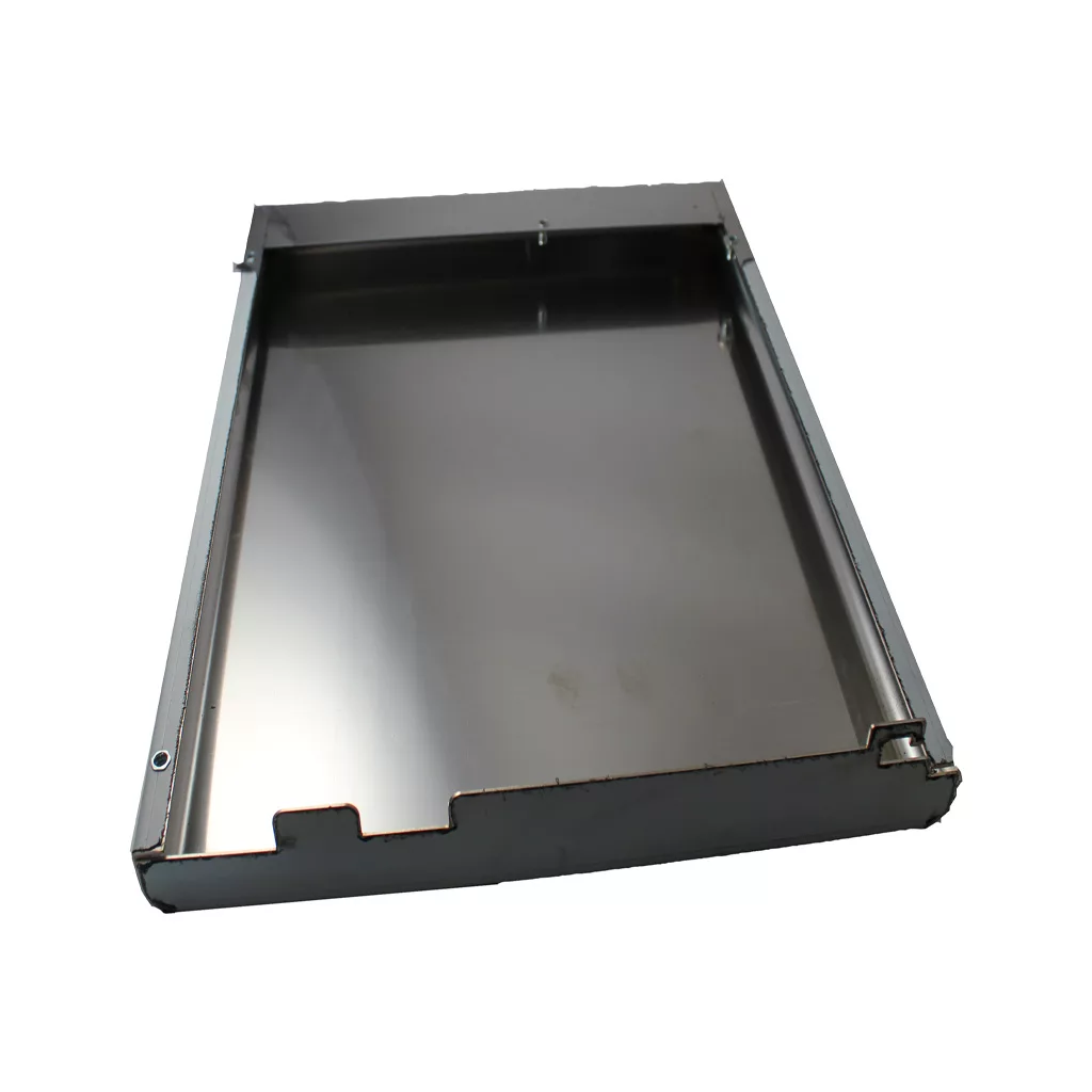 A rectangular, shallow metal tray with raised edges and notched corners, resembling the ECM P3008 Right Body Panel, photographed against a white background. © 2025 1st-line.com