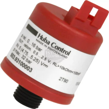A red and white ACS VES0023 Pressure Sensor by Vesuvius with a black threaded connector, labeled sticker, and protruding red tab on top; designed for pump pressure control applications. © 2025 1st-line.com