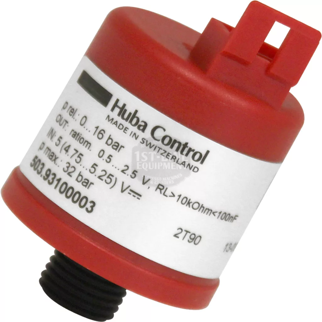 A red and white ACS VES0023 Pressure Sensor by Vesuvius with a black threaded connector, labeled sticker, and protruding red tab on top; designed for pump pressure control applications. © 2025 1st-line.com