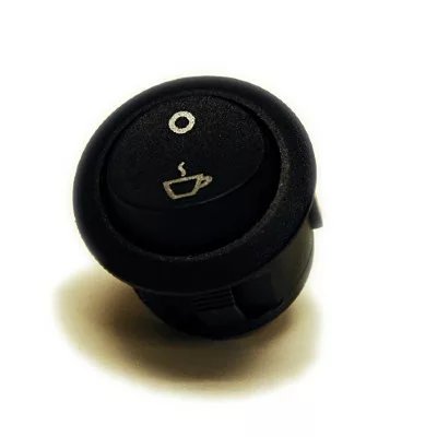 A round black Ascaso I..160 Bipolar On/Off Coffee Switch for ARC and Elipse (with boiler or thermoblock) features an open circle for off and steaming cup for on, set against a plain white background. © 2025 1st-line.com
