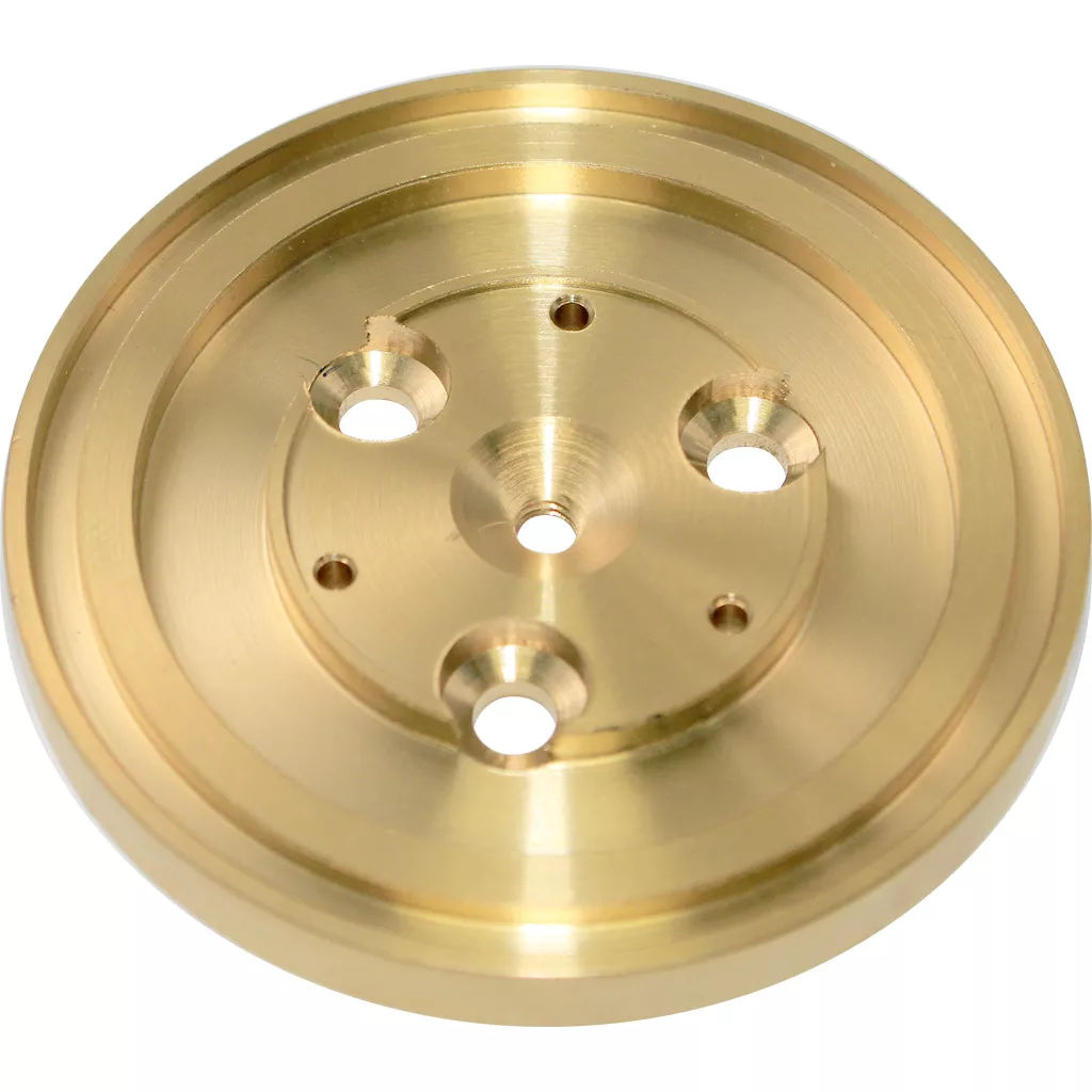 A round, gold-colored metal disk with a central conical indentation and precise holes, the Ascaso I..829 Shower Holder Capsule is a component for boiler versions only. © 2025 1st-line.com