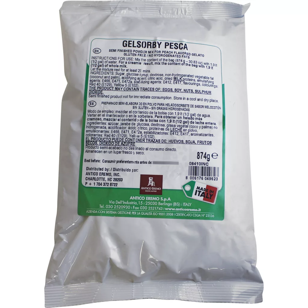 A sealed 1.9lb white packet labeled DISCONTINUED Antico Eremo Peach Gelato & Sorbet Powder Mix features Italian text, instructions, ingredients, and certification symbols for making peach gelato or sorbet. © 2025 1st-line.com