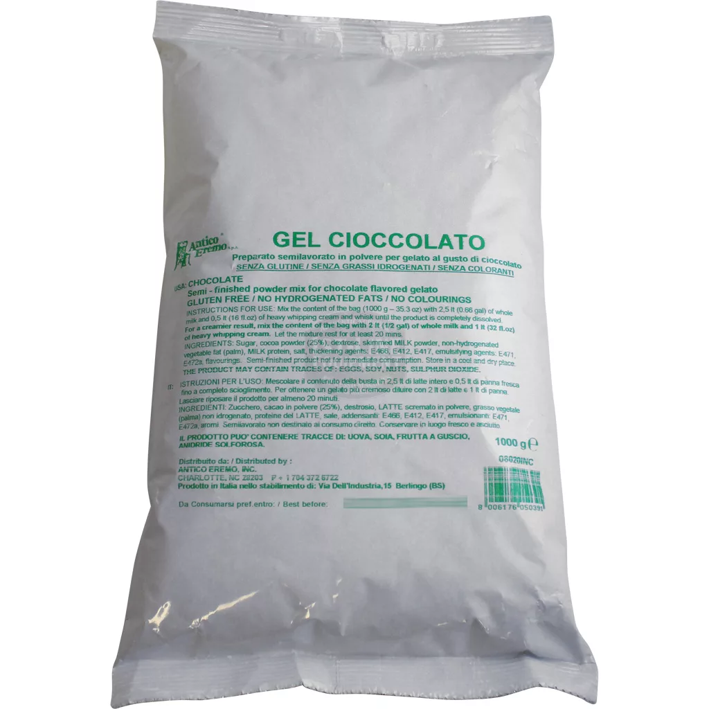 A sealed 2.2lb white bag labeled DISCONTINUED Antico Eremo Chocolate Gelato & Sorbet Powder Mix contains chocolate powder mix with green Italian and English instructions. Ideal for making chocolate gelato or sorbet. © 2025 1st-line.com