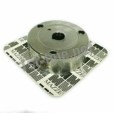 A set of Mazzer OEM FMA00192C/CQQ 3-phase 67mm conical grinding burrs rests on a square Mazzer-branded paper. Each polished metal burr features a central hole and three smaller holes around it. © 2025 1st-line.com