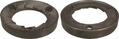 A set of two DISCONTINUED Rancilio 69000032 50mm flat grinding burrs—one with angled ridges, one with a smooth edge and notches—are shown side by side on a white background. © 2025 1st-line.com