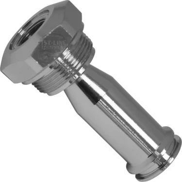 A shiny, metallic adapter fitting with hexagonal and threaded ends, designed for connecting the ECM C229901133 E61 Upper Sleeve in plumbing or machinery applications. © 2025 1st-line.com