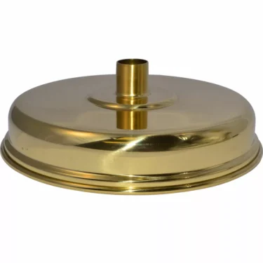 A shiny, round brass lamp cover with a central cylindrical opening, designed for traditional oil or kerosene lamps and featuring a highly polished finish similar to the Elektra 00573096 Large Brass Drip Tray Support. © 2025 1st-line.com