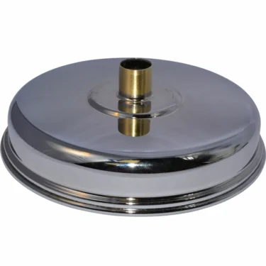 A shiny, round Elektra 00573097 Large Chrome Drip Tray Support with a central brass knob, viewed at a slight angle against a plain white background. © 2025 1st-line.com