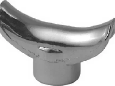 A shiny, silver Ascaso I..285 metal knob with a wing-like, crescent-shaped top and cylindrical base, compatible with 57mm Filter Head THREADED Dual Spout setups. © 2025 1st-line.com