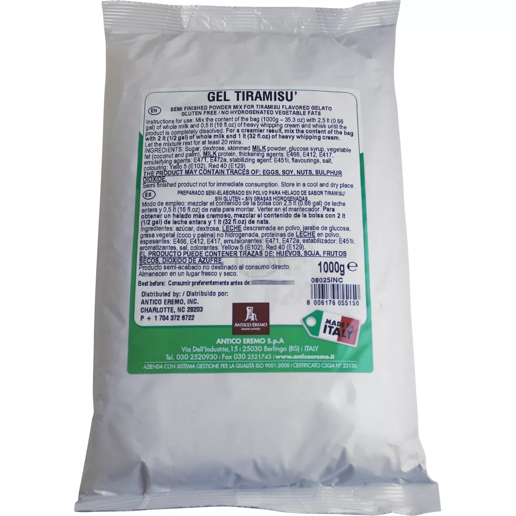 A silver bag labeled DISCONTINUED Antico Eremo Tiramisu Gelato & Sorbet Powder Mix – 2.2lb contains powder mix; ingredients and product info appear in green and brown text on a white and gray back label. © 2025 1st-line.com