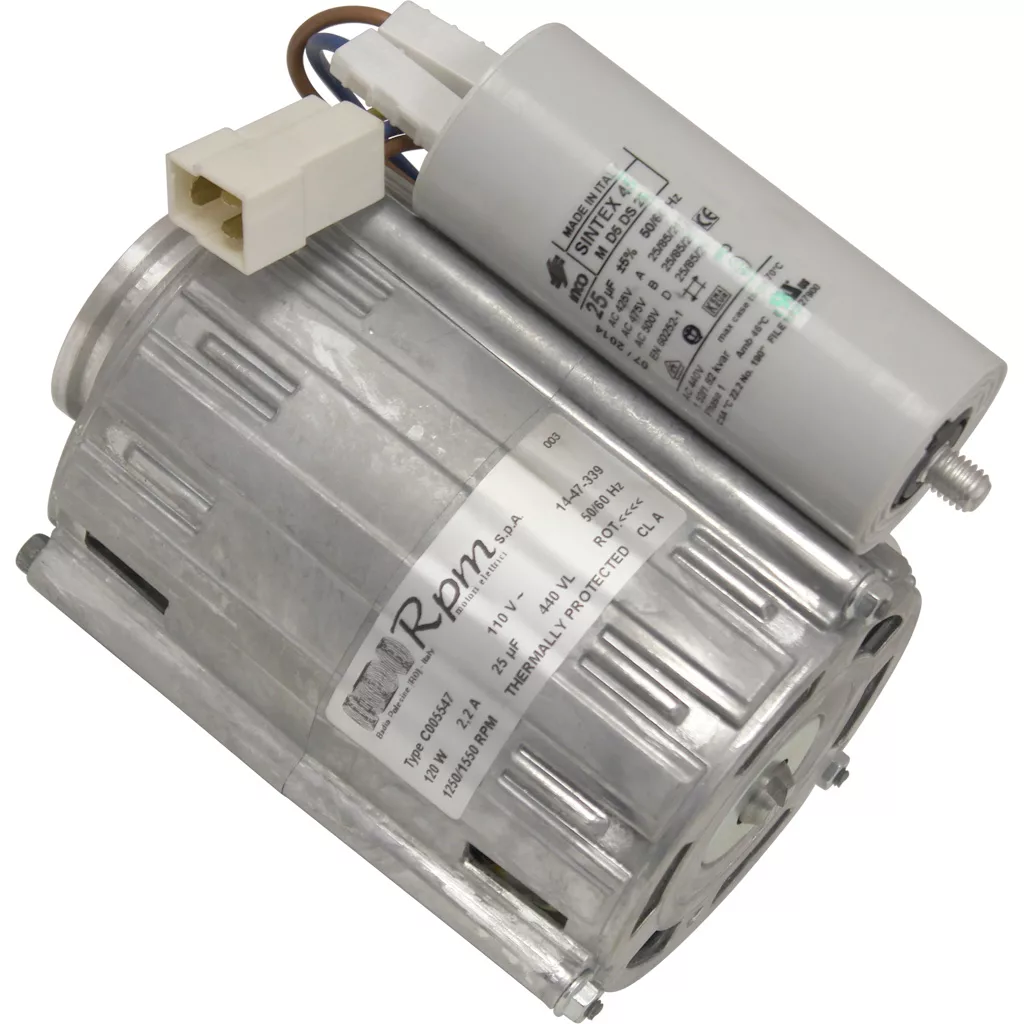 A silver Orchestrale DN30031105060UL RPM pump motor (110V 50-60Hz) features a white capacitor on top, a white electrical connector, and visible technical labels and wiring. © 2025 1st-line.com