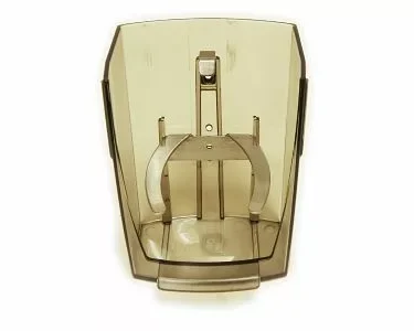 A sleek Baratza PH Portaholder for Maestro & Virtuoso, made from translucent brown plastic, features an open compartment and a push lever at the bottom, echoing the design of the Virtuoso series. © 2025 1st-line.com