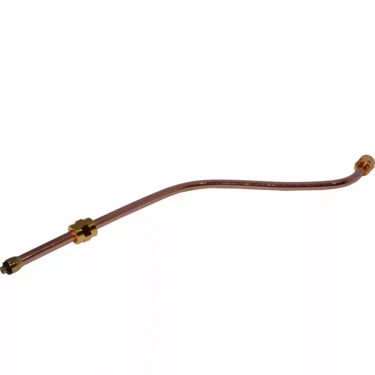 A slightly bent Elektra 02979038 Copper Pipe with gold-colored fittings on both ends, shown isolated on a white background. © 2025 1st-line.com