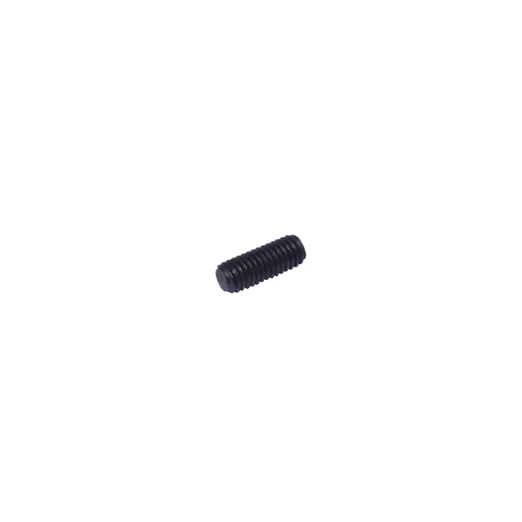 A small, black, cylindrical metal set screw with ridged threading, similar to the Elektra 04077035 Dowel M4x8 - Nino, is displayed against a plain white background. © 2025 1st-line.com