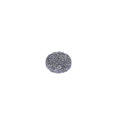 A small, round, metallic scrubber pad made of coiled steel wire is placed next to an Elektra 03286035 Filter, 11 x 2 - Chrome for Water Refill Inlet, on a plain white background. © 2025 1st-line.com
