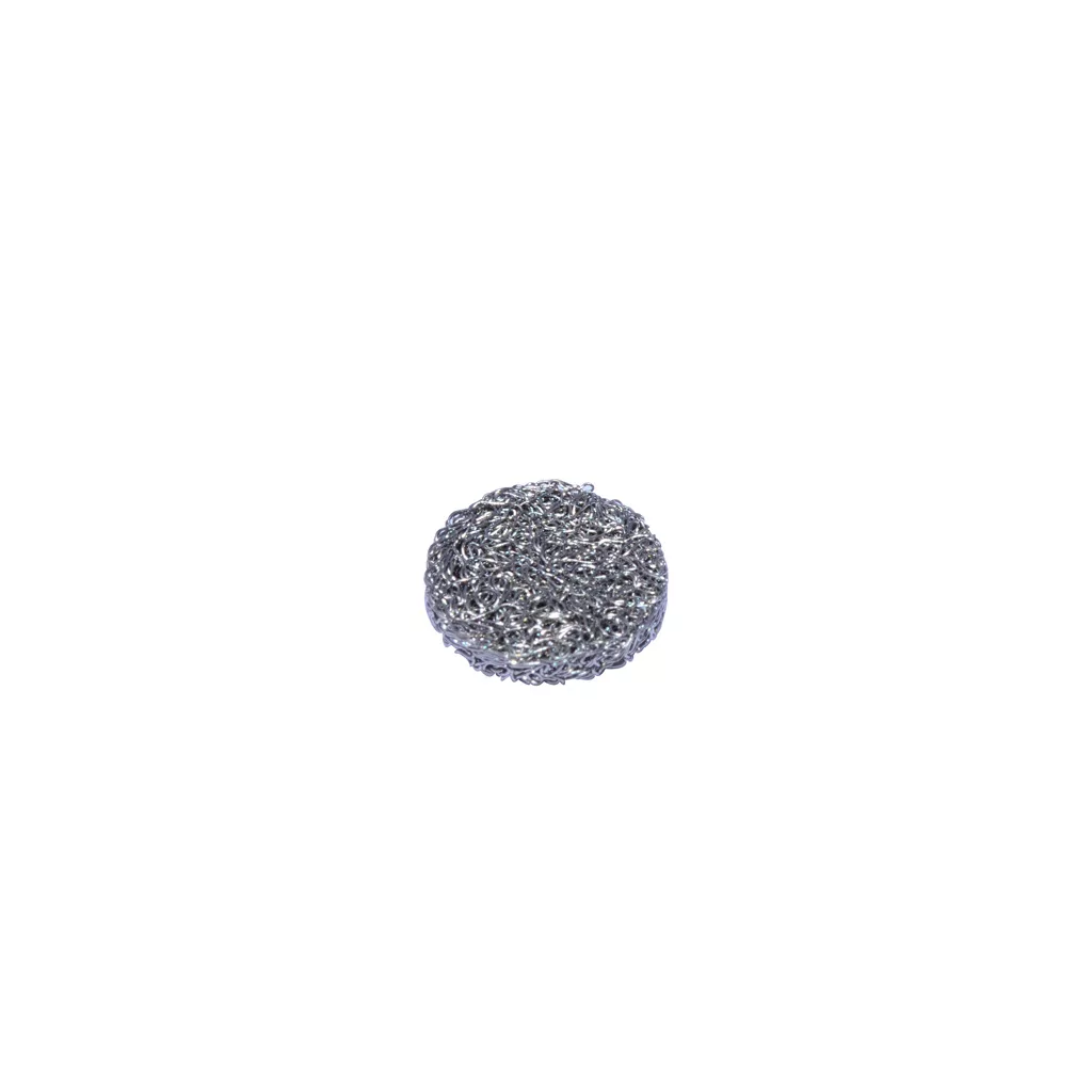 A small, round, metallic scrubber pad made of coiled steel wire is placed next to an Elektra 03286035 Filter, 11 x 2 - Chrome for Water Refill Inlet, on a plain white background. © 2025 1st-line.com