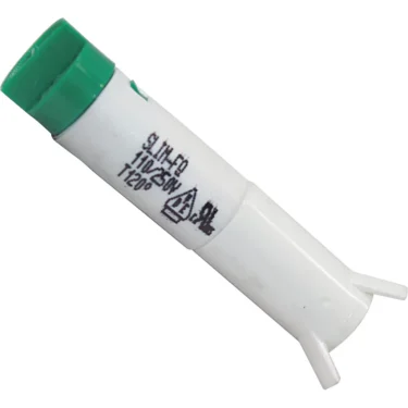 A small white cylindrical fuse with a green cap, labeled with voltage and temperature ratings, rests against a plain background, closely resembling the VBM ELETLAMNEONVE Green Warning Light indicator. © 2025 1st-line.com