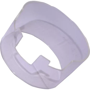 A transparent, slightly curved Mazzer Doser Plastic Glass for Robur, Royal, and Major models with notched edge cutouts is shown against a white background. © 2025 1st-line.com