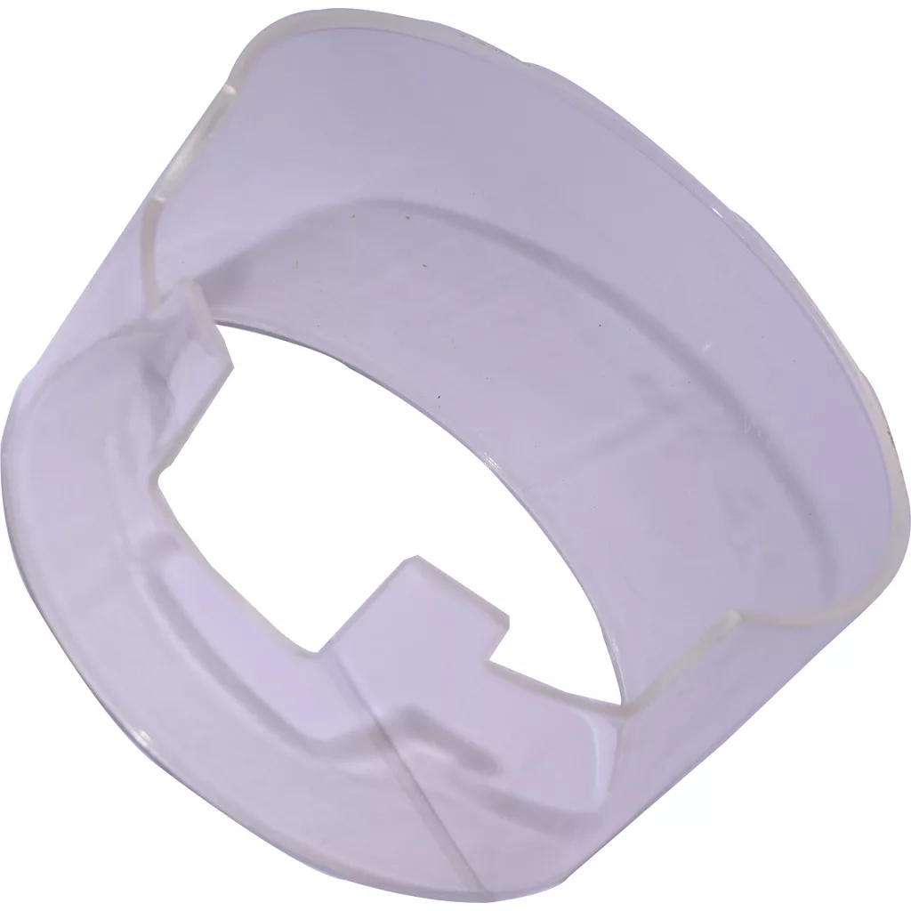 A transparent, slightly curved Mazzer Doser Plastic Glass for Robur, Royal, and Major models with notched edge cutouts is shown against a white background. © 2025 1st-line.com