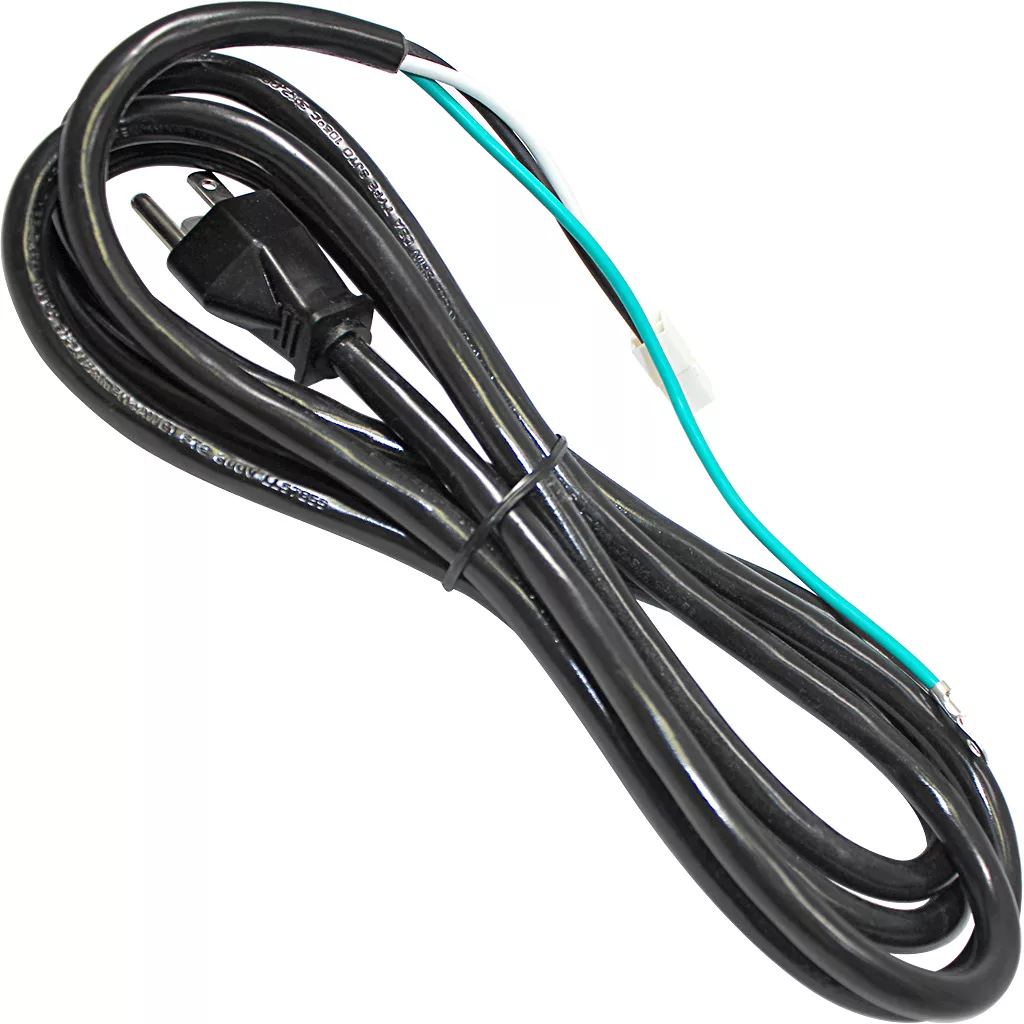 A VBM ELETCAVAUL 14 AWG USA Cable power cord, black, features a plug on one end and three exposed wires (black, white, green) on the other. The cable is neatly coiled and secured with a twist tie. © 2025 1st-line.com