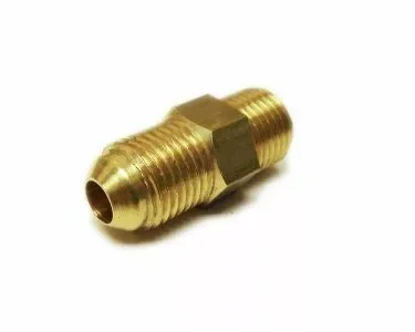 A VBM RACCDOM18BIS Fitting - 1/4M x 1/4M brass fitting with male threads on both ends and a hexagonal center is shown on a white background. © 2025 1st-line.com