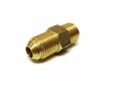 A VBM RACCDOM18BIS Fitting - 1/4M x 1/4M brass fitting with male threads on both ends and a hexagonal center is shown on a white background. © 2025 1st-line.com