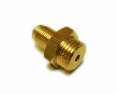 A VBM RACCDOM18BIS1 Fitting - 1/4M x 1/8M, featuring threaded ends and a hexagonal middle section, is shown close-up on a white background. © 2025 1st-line.com