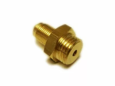 A VBM RACCDOM18BIS1 Fitting - 1/4M x 1/8M, featuring threaded ends and a hexagonal middle section, is shown close-up on a white background. © 2025 1st-line.com