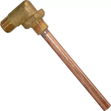 A VBM RACCP430VAL Injector Fitting is attached to a copper pipe using a brass 90-degree elbow with threaded ends for secure plumbing and injector connections. © 2025 1st-line.com