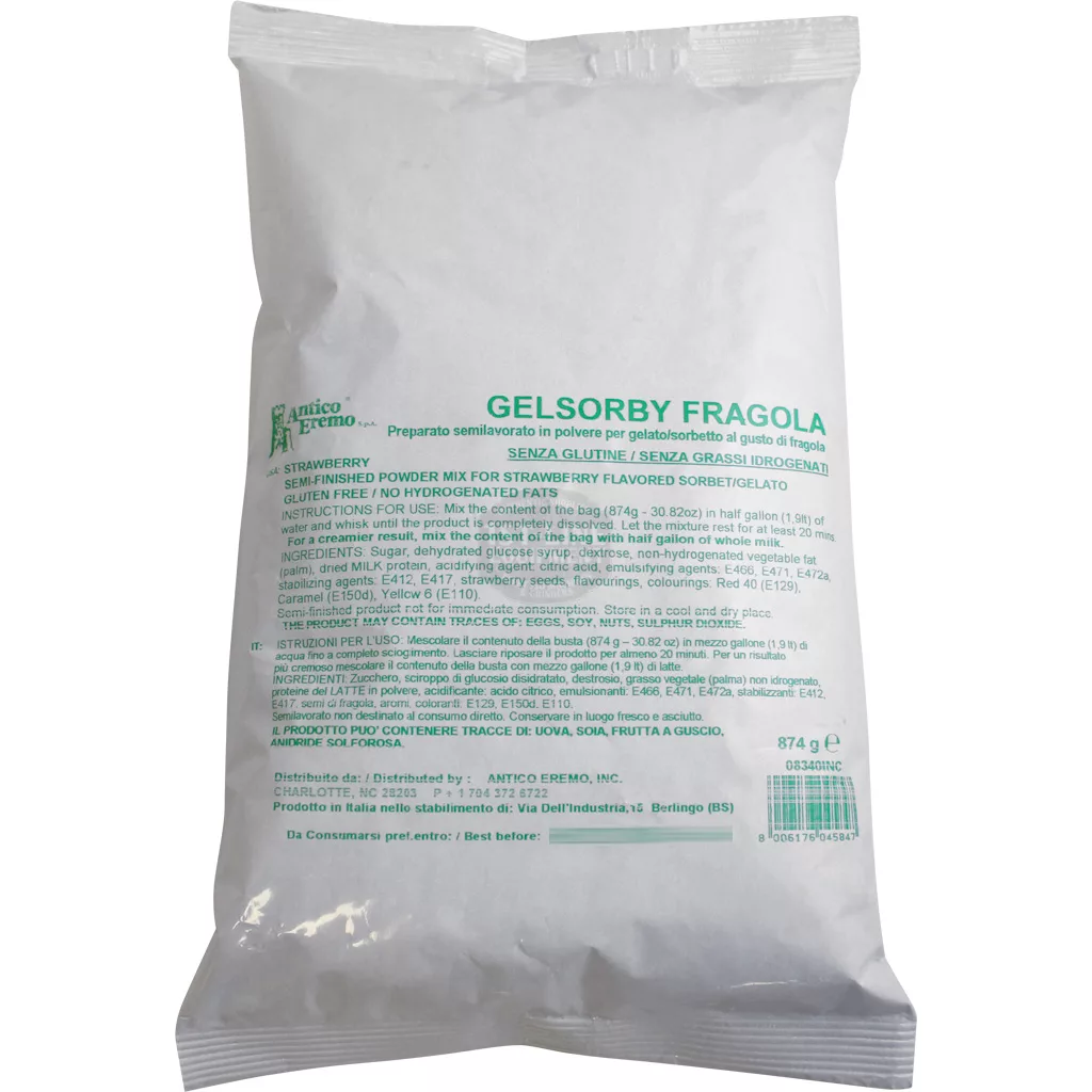 A white bag labeled DISCONTINUED Antico Eremo Strawberry Gelato & Sorbet Powder Mix (1.9lb) contains powder for making strawberry gelato or sorbet, with green and black multilingual ingredients and instructions on the packaging. © 2025 1st-line.com