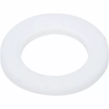 A white, flat, round plastic washer with a central hole, resembling the Bezzera 7479938 Gasket TF ╪ 10x6x1 for Mitica, viewed at an angle on a plain background. © 2025 1st-line.com