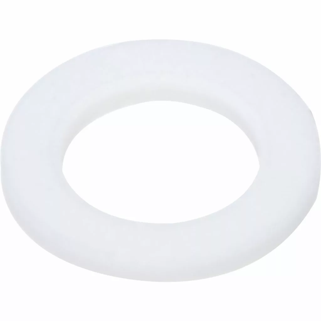 A white, flat, round plastic washer with a central hole, resembling the Bezzera 7479938 Gasket TF ╪ 10x6x1 for Mitica, viewed at an angle on a plain background. © 2025 1st-line.com
