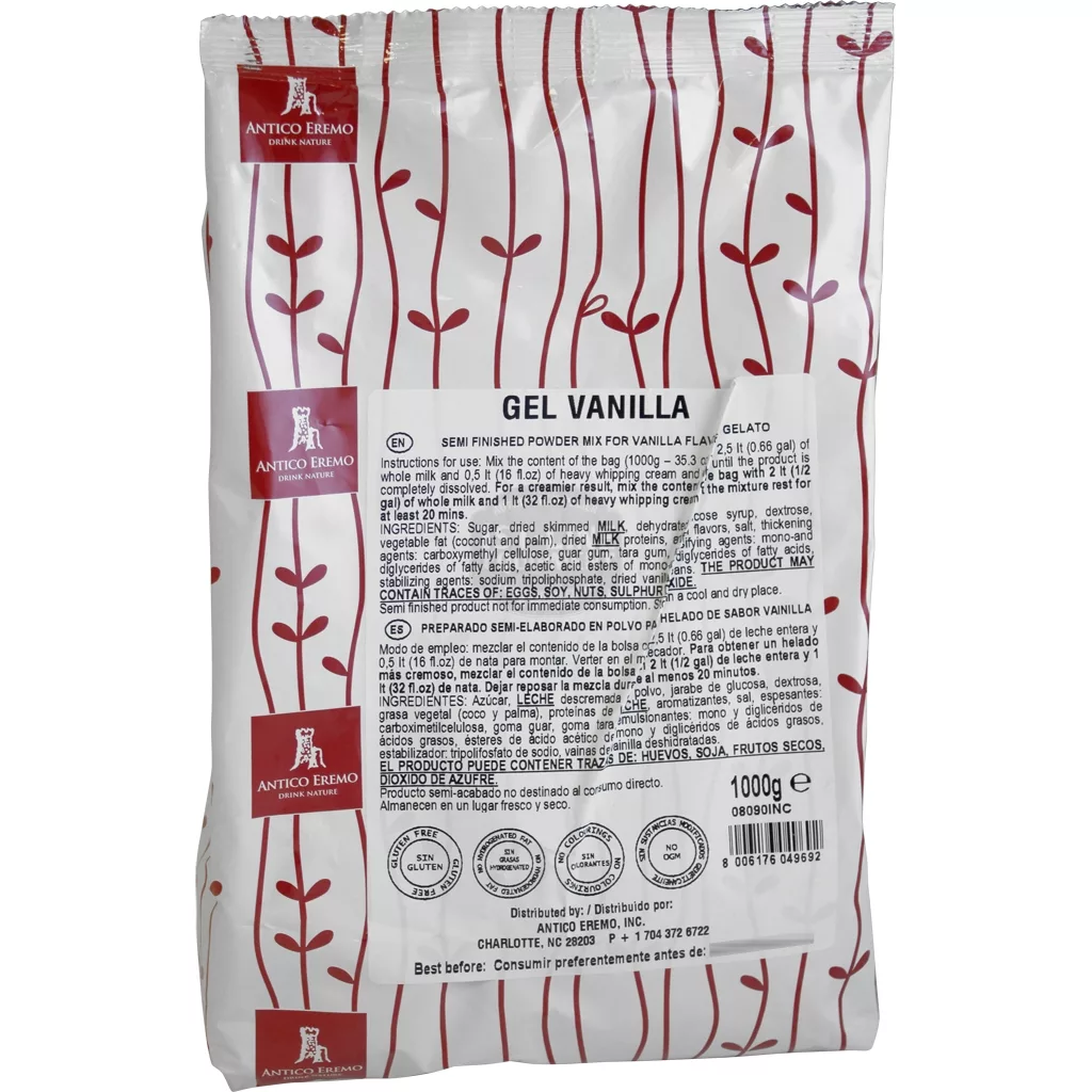A white package with red plant patterns and logos, labeled “DISCONTINUED Antico Eremo Vanilla Gelato & Sorbet Powder Mix - 2.2lb bag,” features product info, ingredients, and prep instructions for gelato powder in multiple languages. © 2025 1st-line.com