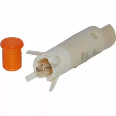 An Ascaso I..184 115V Lamp, a white cylindrical connector with exposed pins, lies next to an orange ribbed cap on a plain background. © 2025 1st-line.com