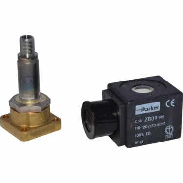 An Isomac 451277 120V 3 Way Solenoid Valve for Tea Electronic is shown with a brass and metal valve stem on a white background—ideal for use in Isomac Tea Electronic systems. © 2025 1st-line.com