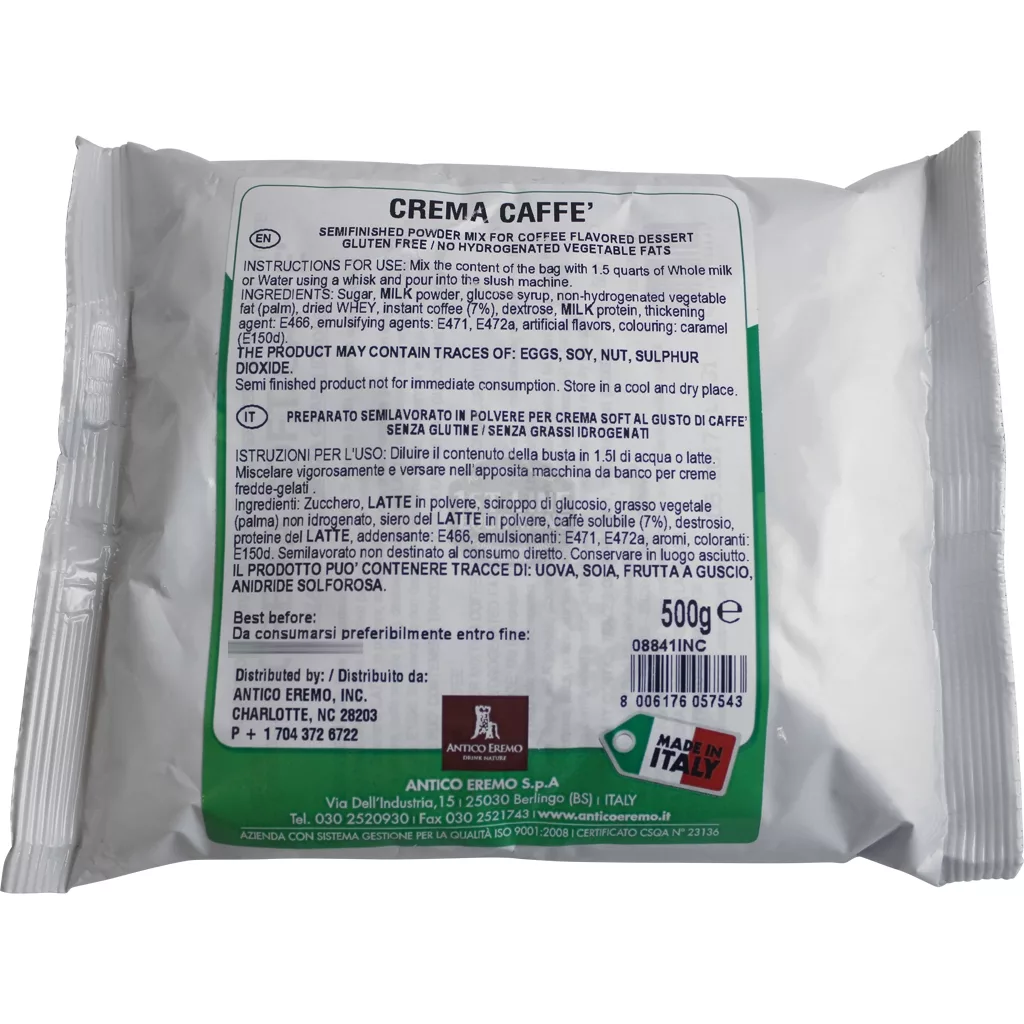 Back view of a 1.1lb DISCONTINUED Antico Eremo Crema Cafe Gelato & Sorbet Powder Mix bag with prep instructions, ingredients, and allergy info in multiple languages. White pack with green/black text. © 2025 1st-line.com