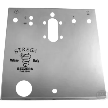 Bezzera 5074466SG Front Body Panel: square stainless steel with STREGA BEZZERA DAL 1901 Milano Italy inscription, multiple symbol cutouts, round holes, and an oval control slot. © 2025 1st-line.com