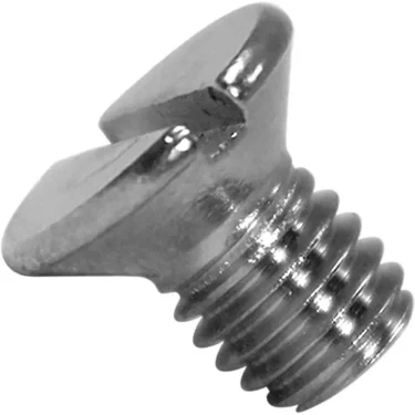 Close-up image of an Elektra 01984035 Screw TPS M5x8 Inox, featuring a slotted flat head, shiny surface, and visible threading against a white background. © 2025 1st-line.com