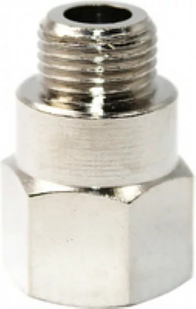 Close-up image of the Ascaso I..869 Basic Fitting, featuring a hexagonal base and 1/8m x 1/8f threads, typically used for connecting pipes or hoses in plumbing or mechanical systems. © 2025 1st-line.com