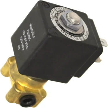 Close-up of a Bezzera 7701114 Lucifer Solenoid Valve - B2000, showing brass and black body, metal label with specs on top, electrical connectors, and threaded inlet/outlet for fluid control. © 2025 1st-line.com