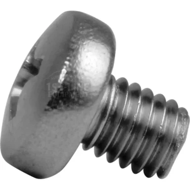 Close-up of a metallic Elektra 02245035 Screw M5x6, featuring a slotted drive, threaded shaft, and smooth rounded pan head. © 2025 1st-line.com